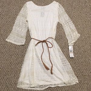 Ivory Lace Long Sleeve Dress with Tan Rope Belt